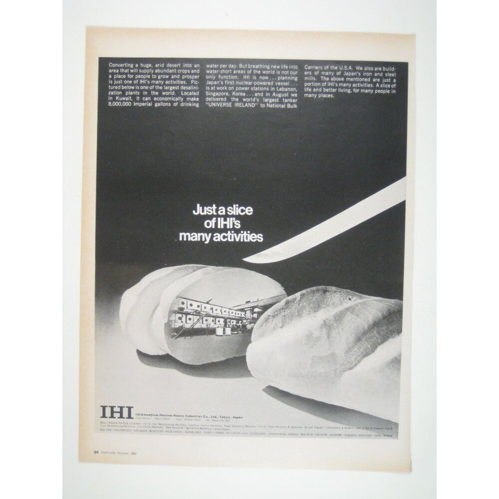 Vintage 1968 IHI Print Advertisement Slice Bread Knife AD Industrial Activities